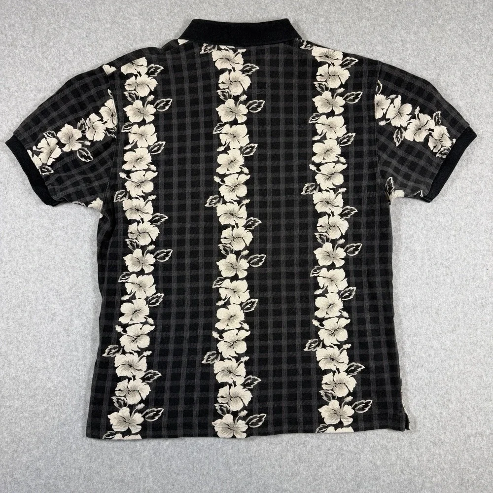 Vintage 90s Chaps Ralph Lauren Polo Shirt Black White Floral Stripes Aloha Retro